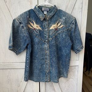 Vintage Pretty Bleu Denim Top Women’s Medium Rhinestone 90s Acid Wash